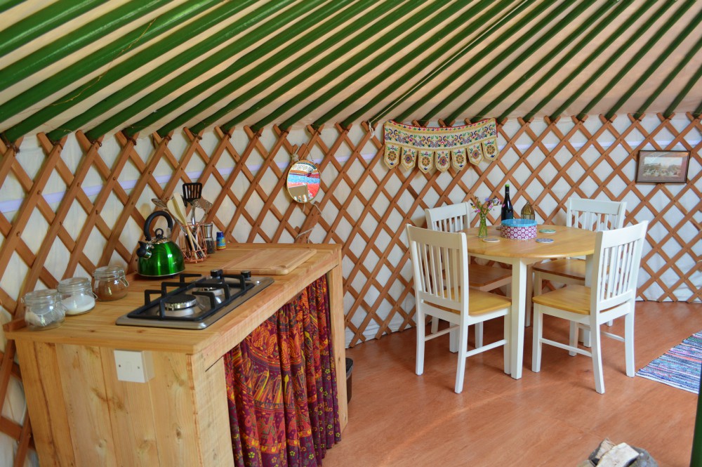 Yurt, glamping, kitchenette, gas stove, dining table, cooking, tea, coffee, holiday, luxury, relaxing, child friendly, family friendly, pet friendly