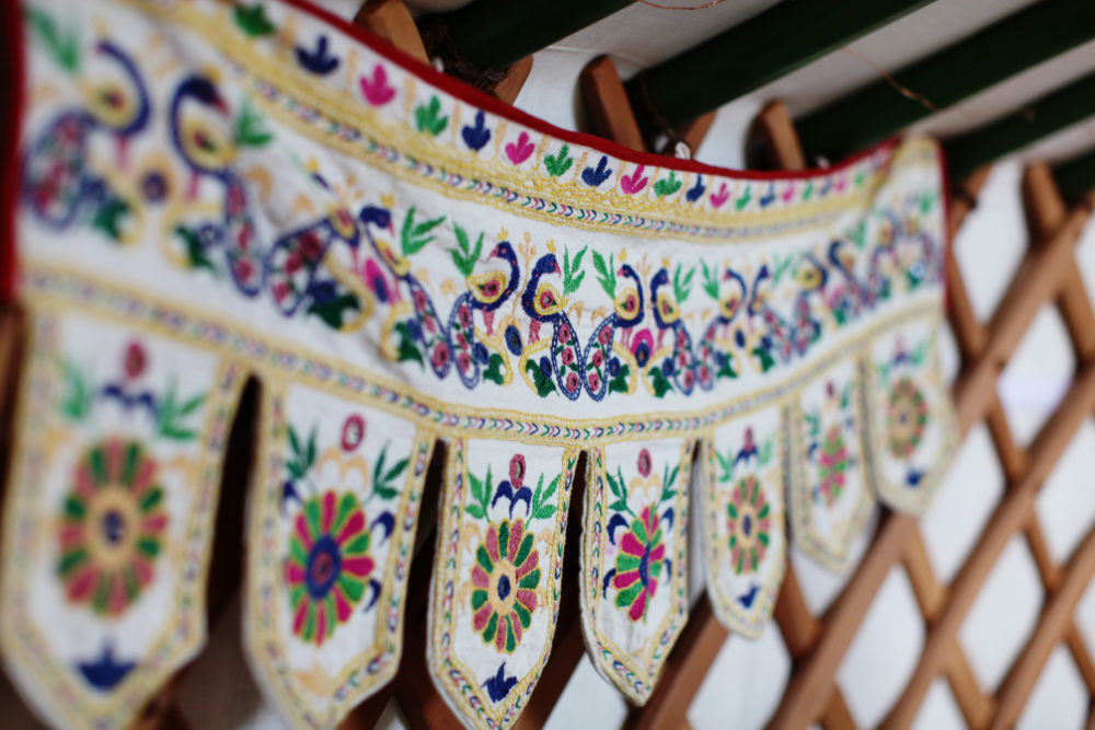 banner, decoration, embroidery, colour, yurt, glamping, mongolian, holiday, retreat, break, winter holiday, winter break, autumn, wales, farm, relaxing, luxury, different, special