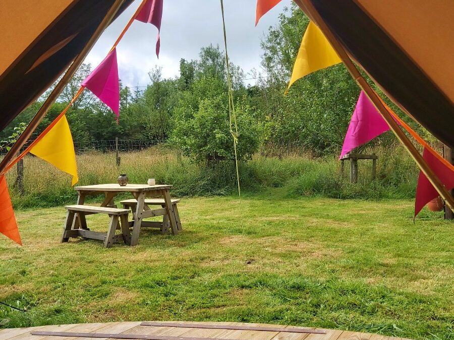 bell tent, picnic table, glamping, Wales