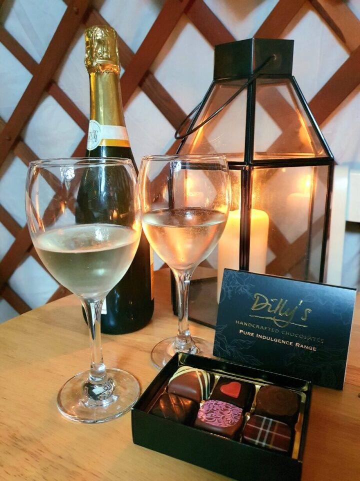 prosecco and chocolates, glamping, romantic getaway, birthday surprise, anniversary surprise