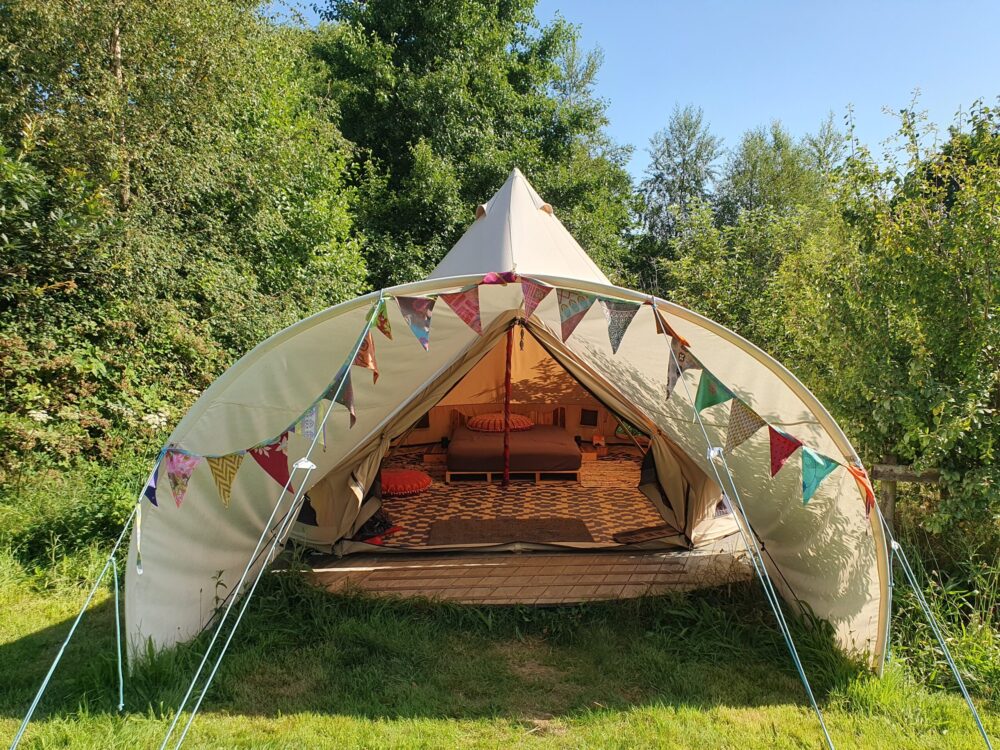 cosy bell tent, eco glamping, off grid glamping